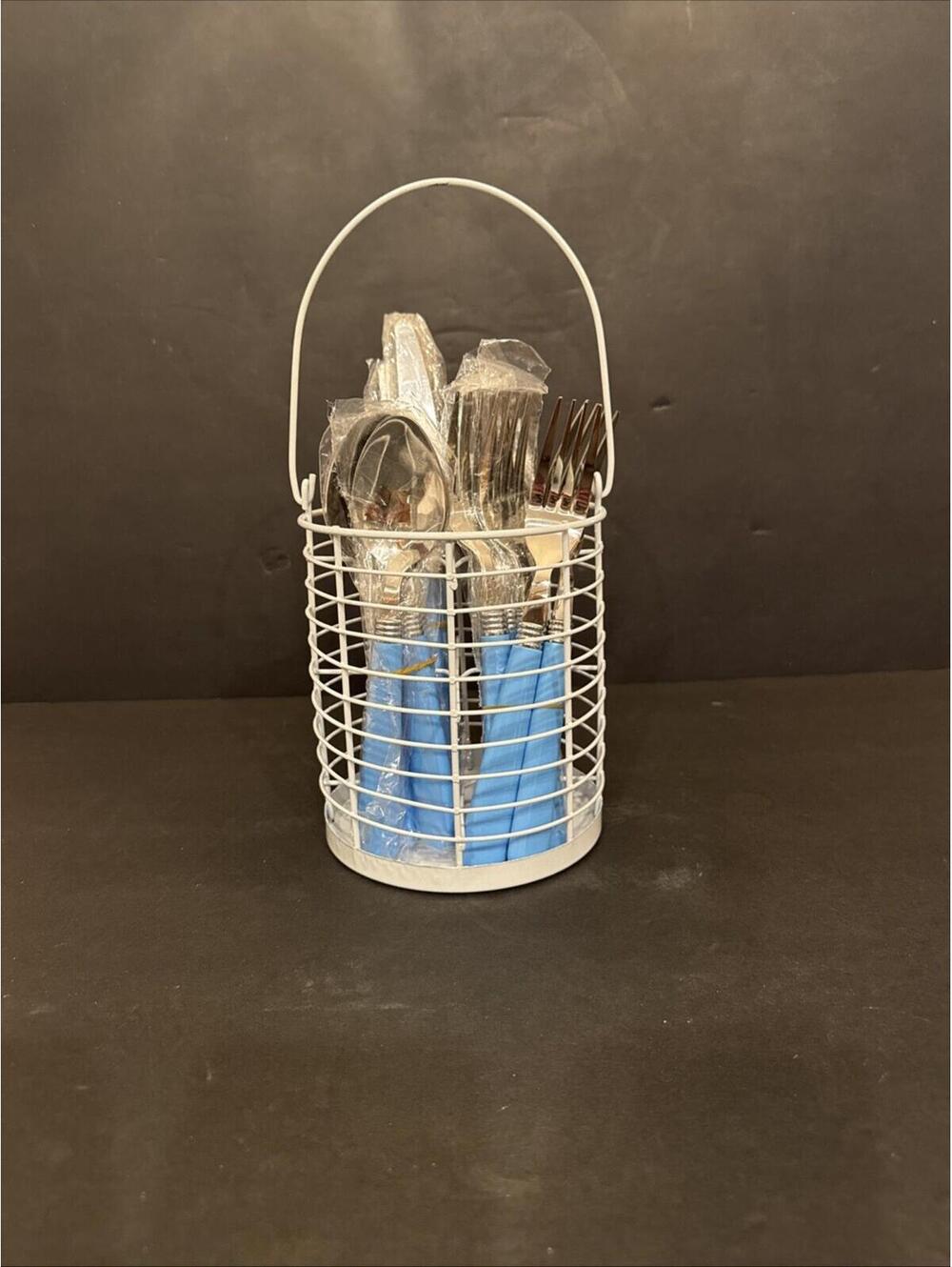 VINTAGE STAINLESS 18 PC BLUE HANDLE FLATWARE & WIRE BASKET NEW